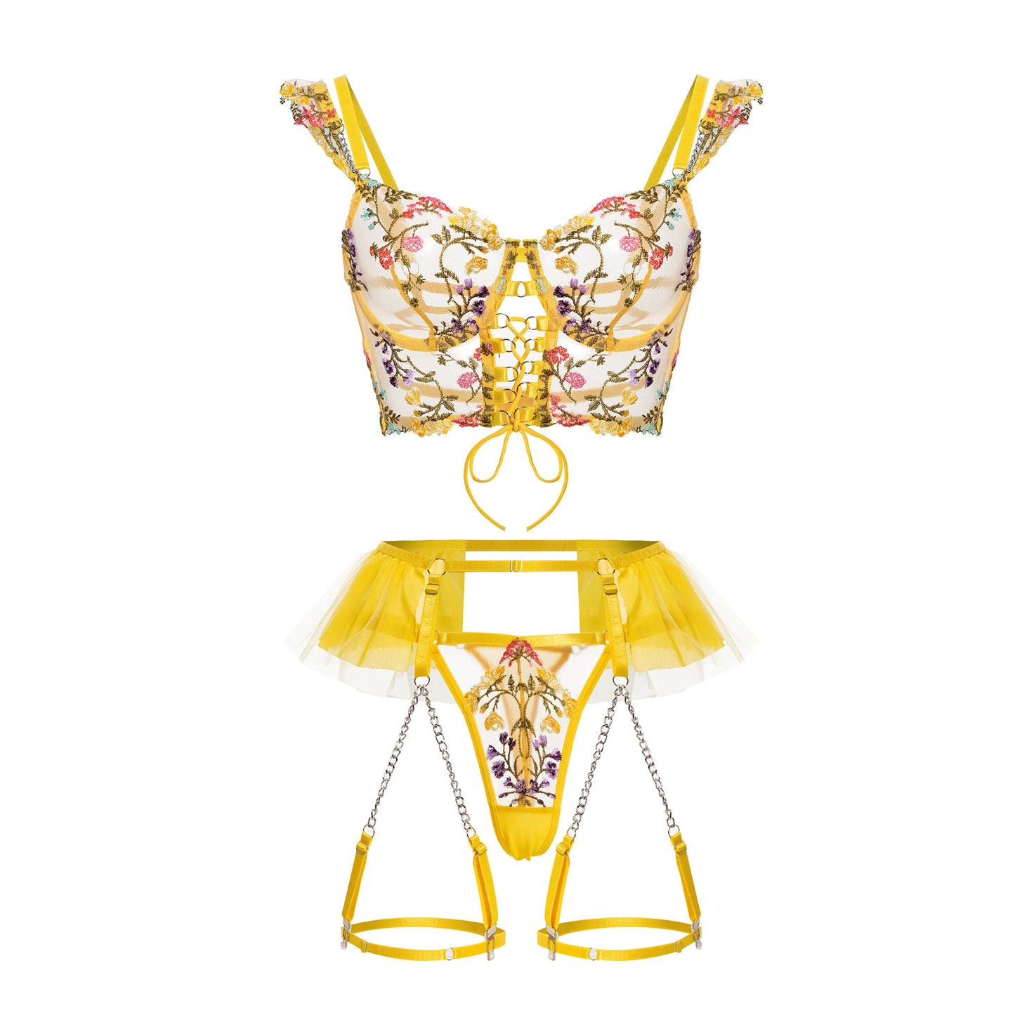 Yellow Embroidered lace Corset  Lingerie Garter Set