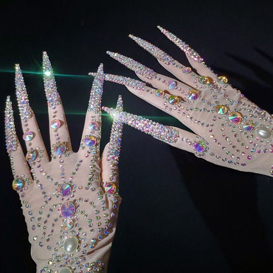 Deluxe AB Diamond Pearl Long Nail Gloves