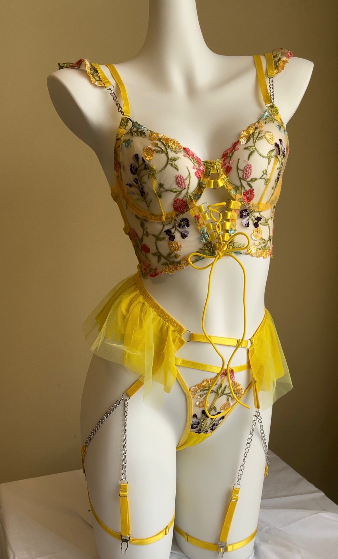 Yellow Embroidered lace Corset  Lingerie Garter Set