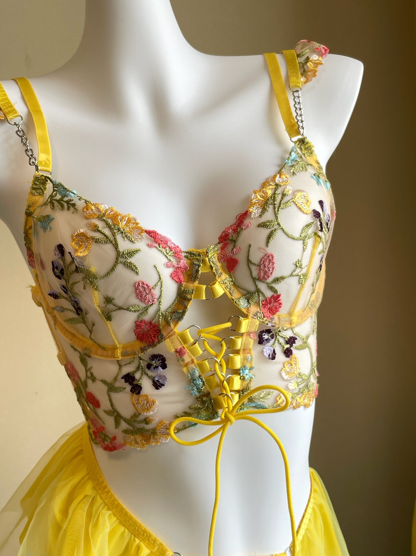 Yellow Embroidered lace Corset  Lingerie Garter Set