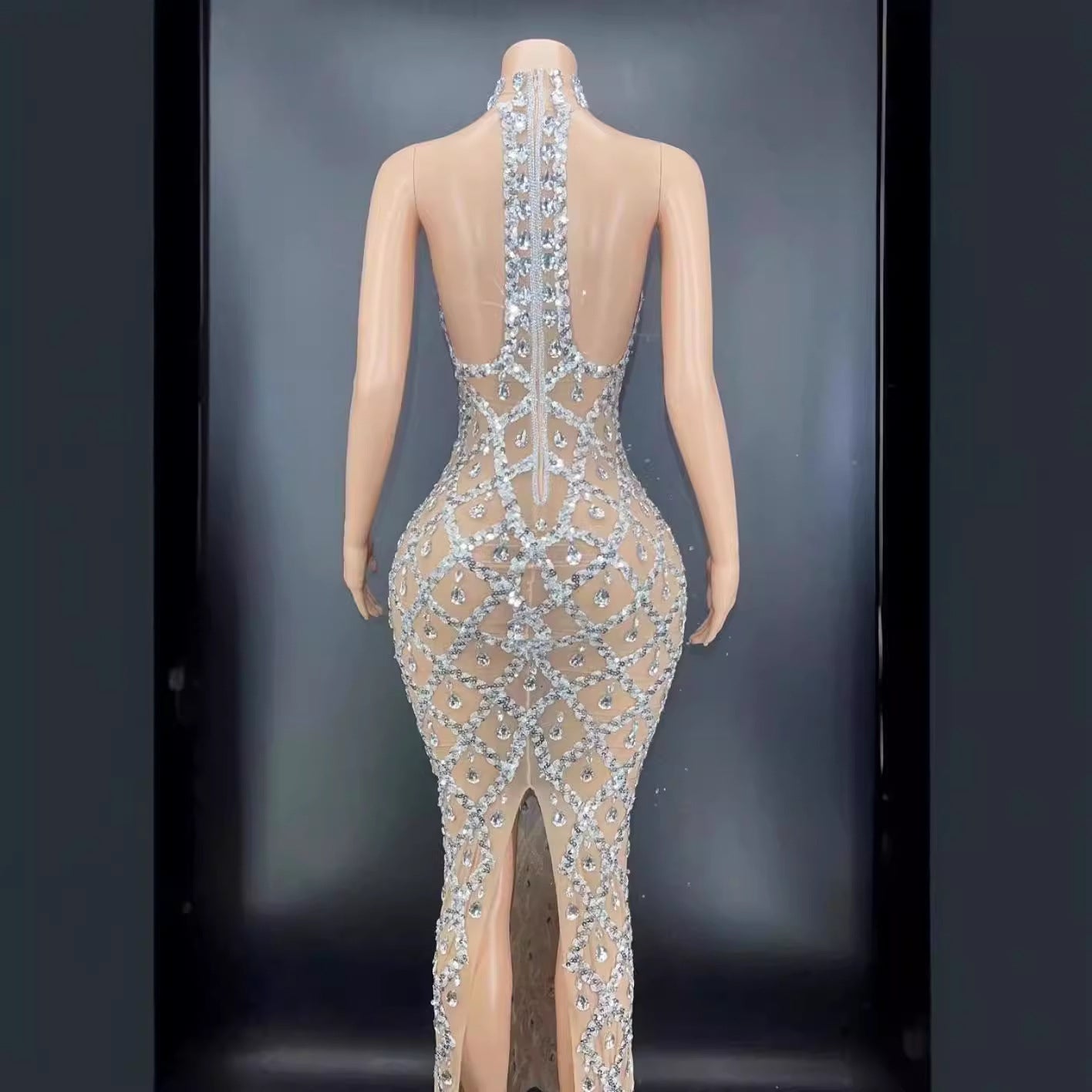 Sexy Sparkling Rhinestone Silver Dresses Party Gowns Sleeveless Style Fishtail Long Dresses