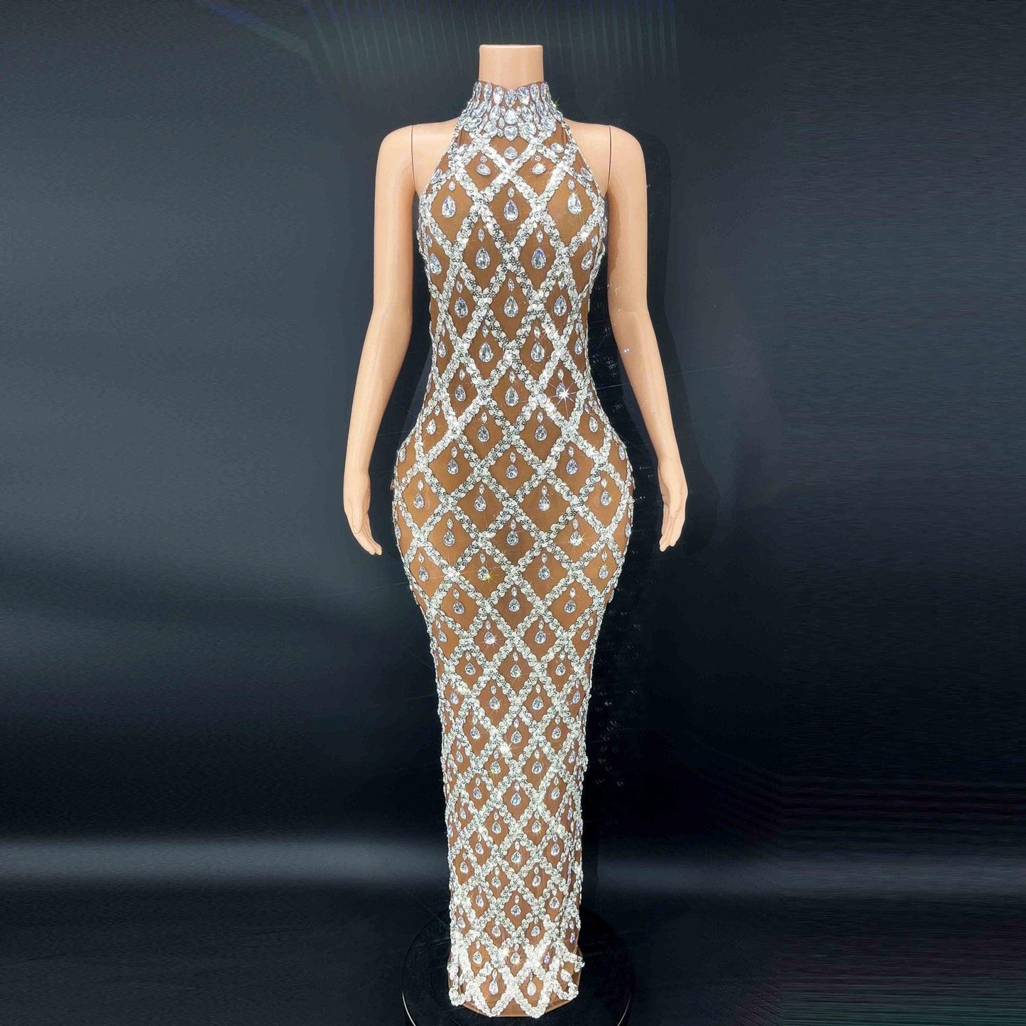 Sexy Sparkling Rhinestone Silver Dresses Party Gowns Sleeveless Style Fishtail Long Dresses