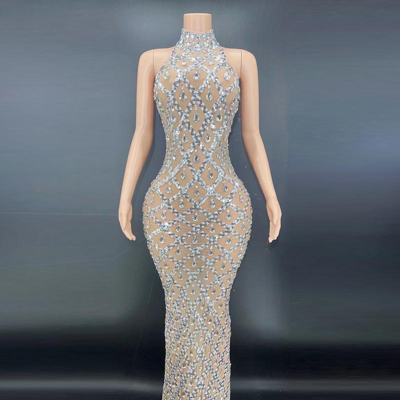 Sexy Sparkling Rhinestone Silver Dresses Party Gowns Sleeveless Style Fishtail Long Dresses