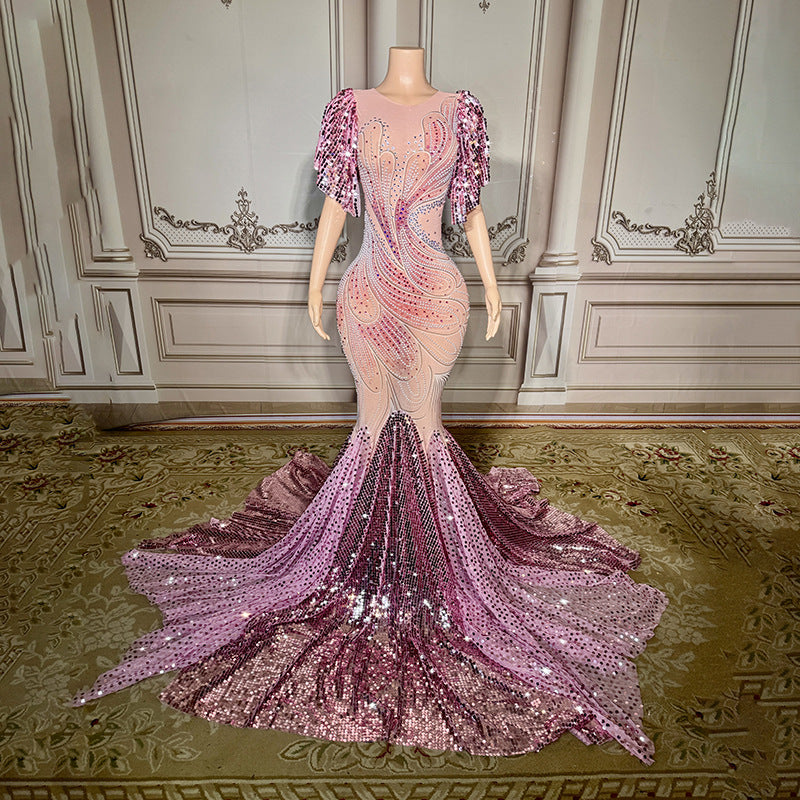 Robe de soirée longue en queue de poisson avec strass roses 