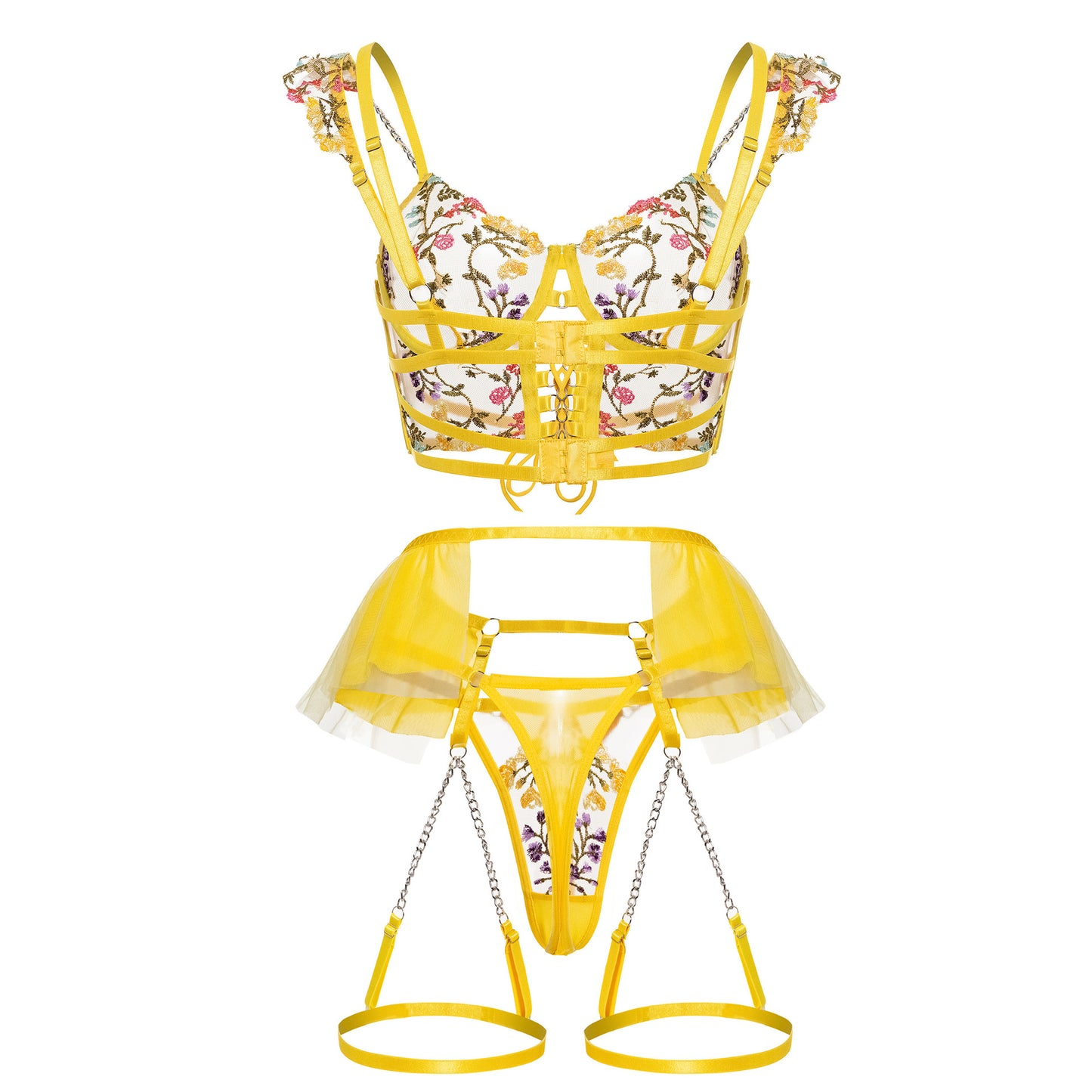 Yellow Embroidered lace Corset  Lingerie Garter Set