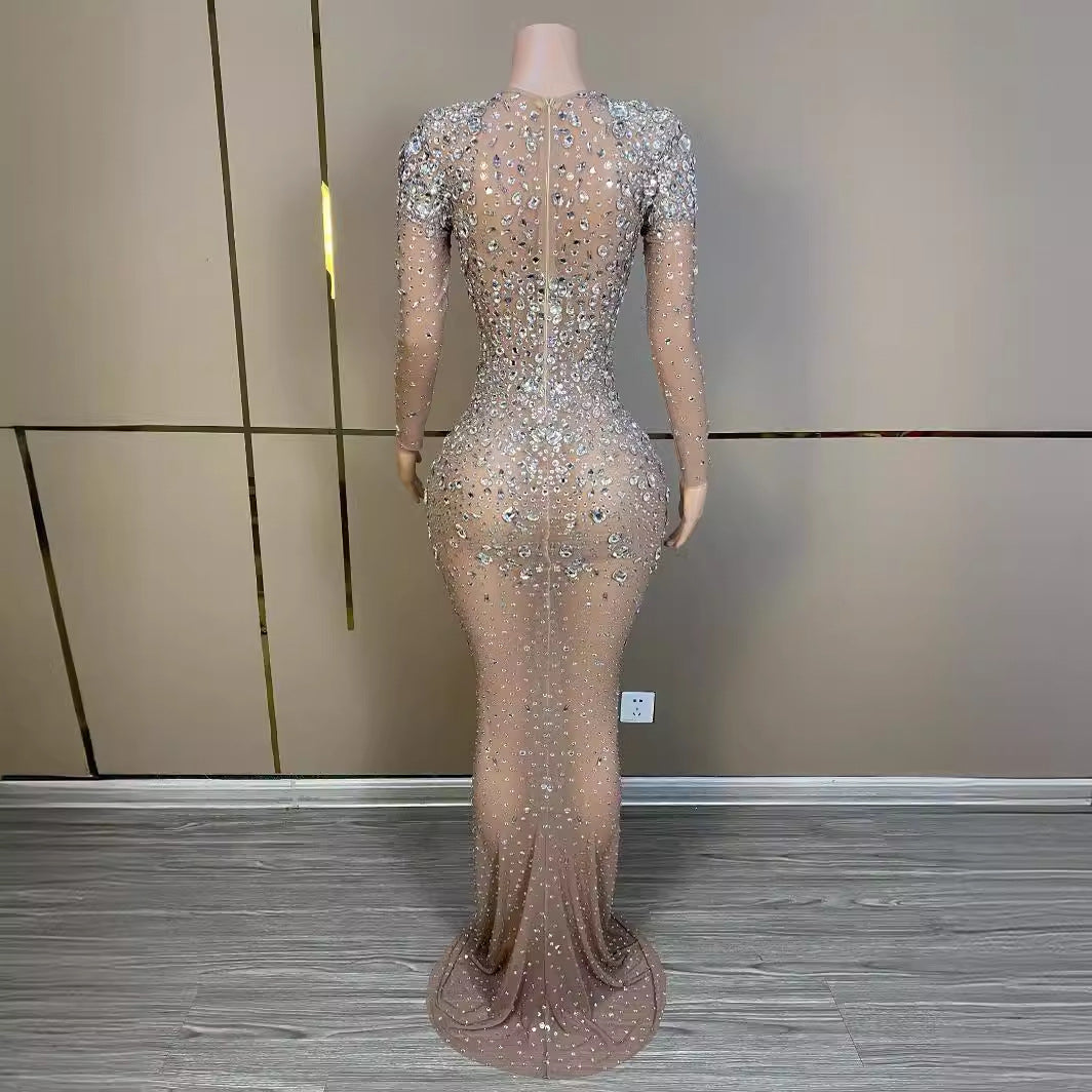 Nude Long Sleeve Rhinestone Embellished Dress