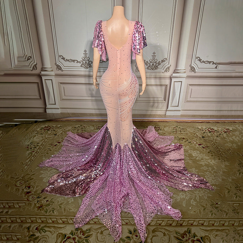 Robe de soirée longue en queue de poisson avec strass roses 