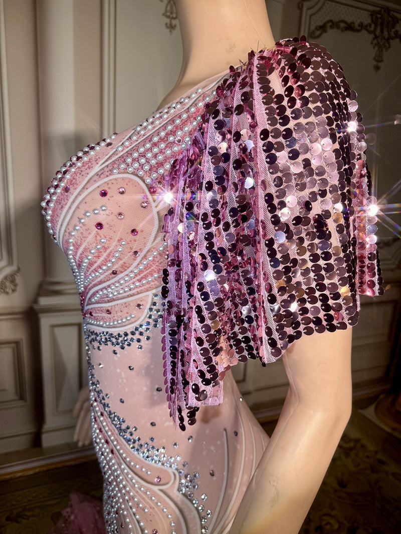 Robe de soirée longue en queue de poisson avec strass roses 