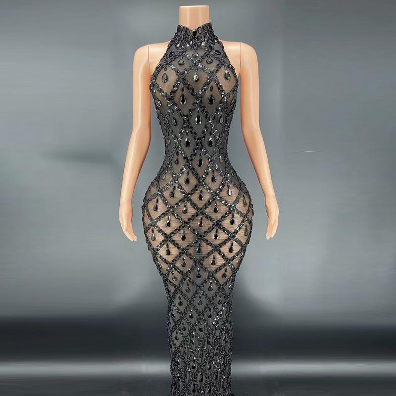 Sexy Sparkling Rhinestone Silver Dresses Party Gowns Sleeveless Style Fishtail Long Dresses